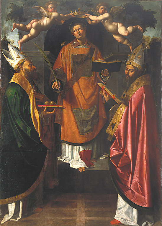 Santo Stefano incoronato da angeli, tra San Nicola da Bari e Sant'Agostino, Santo Stefano incoronato da angeli, tra San Nicola da Bari e Sant'Agostino (dipinto, opera isolata) di Piazza Callisto (sec. XVI)