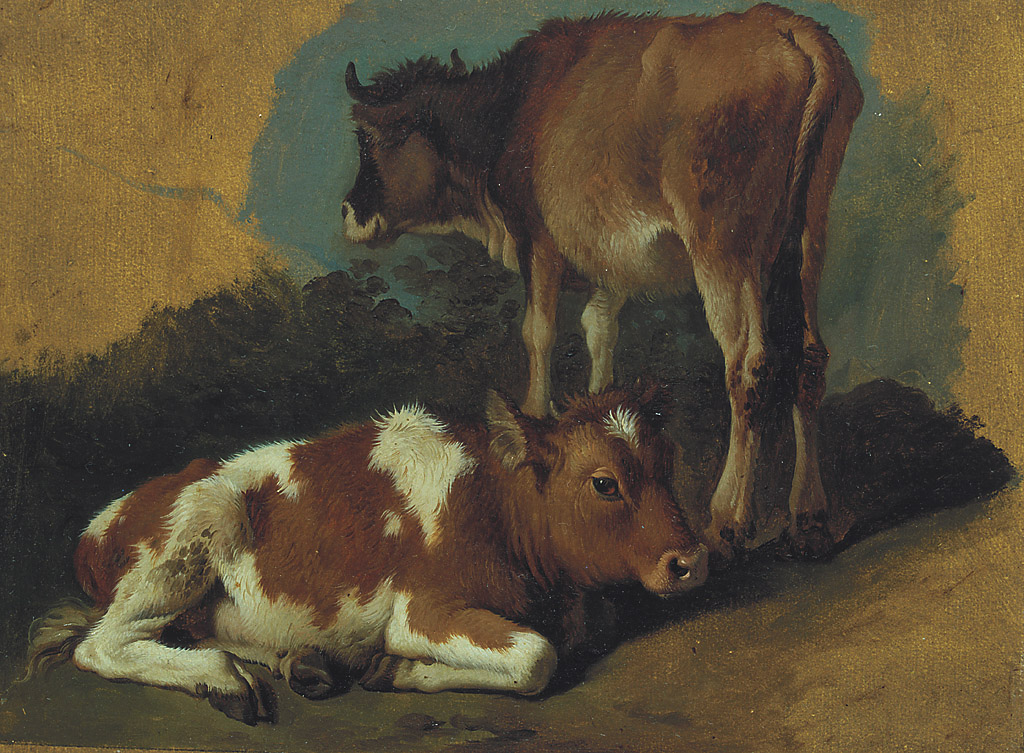 Due vitelli, uno sdraiato e l'altro in piedi, due vitelli, uno sdraiato e l'altro in piedi (dipinto, serie) di Londonio Francesco (sec. XVIII)