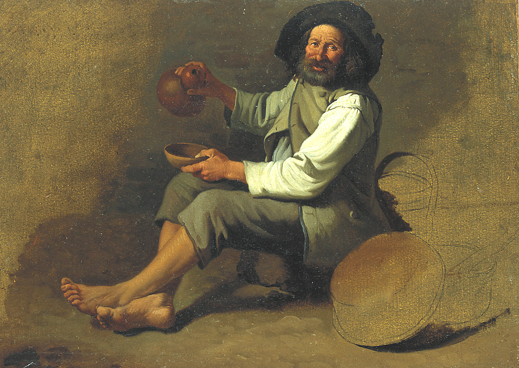 Contadino seduto, barbuto, con fiasca di zucca e ciotola, contadino, barbuto, seduto con fiasca di zucca e ciotola (dipinto, serie) di Londonio Francesco (sec. XVIII)