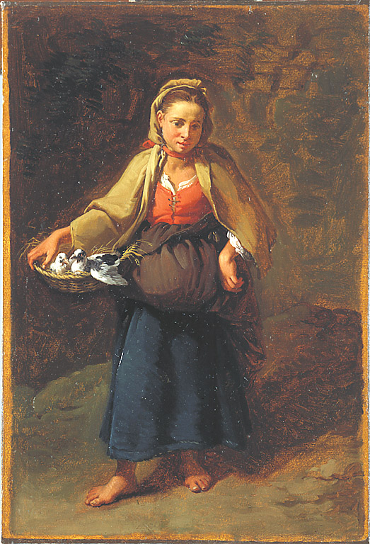 Contadinella con cesto di colombi, contadinella con cesto di colombi (dipinto, serie) di Londonio Francesco (terzo quarto sec. XVIII)
