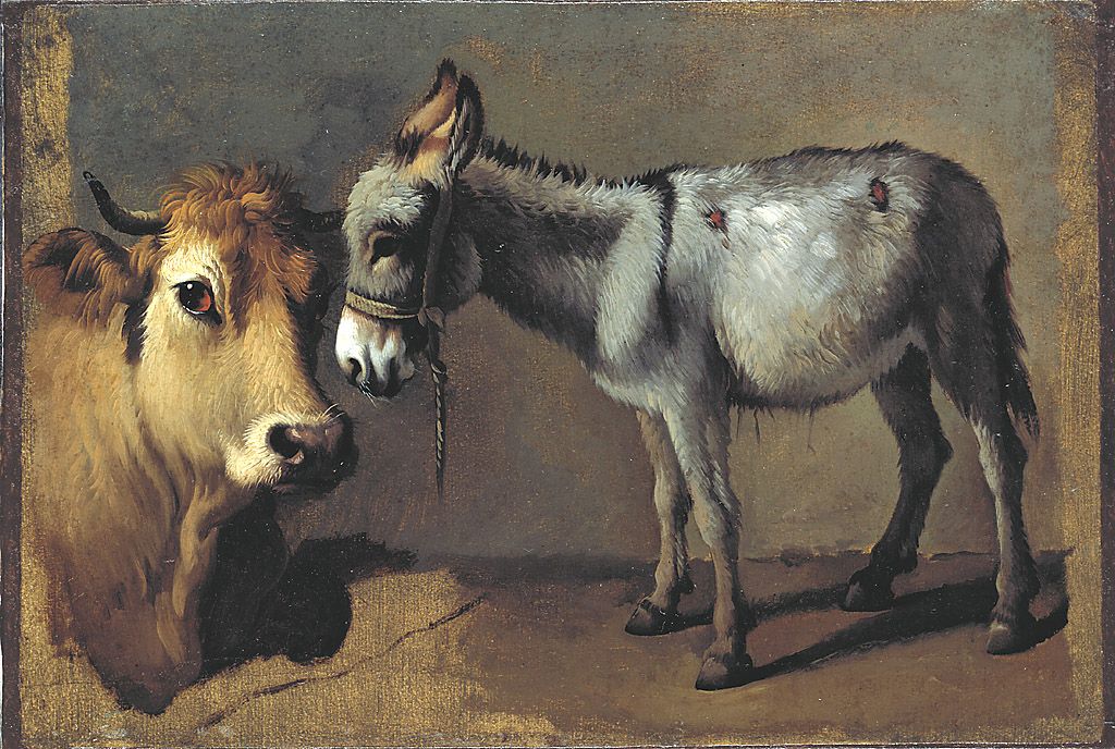 Un asinello e una mucca, un asinello e una mucca (dipinto, serie) di Londonio Francesco (terzo quarto sec. XVIII)