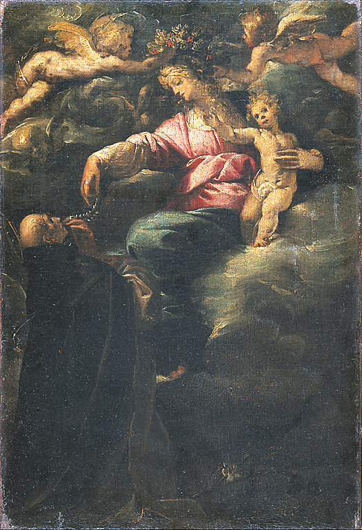 La Madonna del Rosario col Bambino, San Domenico e due angioletti, Madonna del Rosario con bambino, San Domenico e due angioletti (dipinto, opera isolata) di Mazzucchelli Pier Francesco detto Morazzone (sec. XVII)