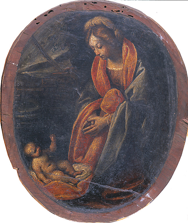 Madonna adorante il Bambino, adorazione di Gesù Bambino (dipinto, opera isolata) - bottega di P. F. Mazzucchelli detto il Morazzone (sec. XVII)