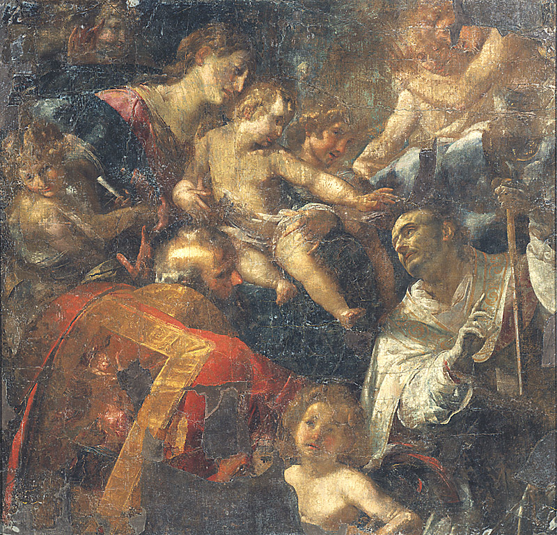 La Madonna col Bambino, i Santi Ambrogio, Carlo Borromeo e angeli(recto), Madonna col Bambino, i Santi Ambrogio, Carlo Borromeo e angeli (recto) (stendardo, opera isolata) di Procaccini Giulio Cesare (sec. XVII)