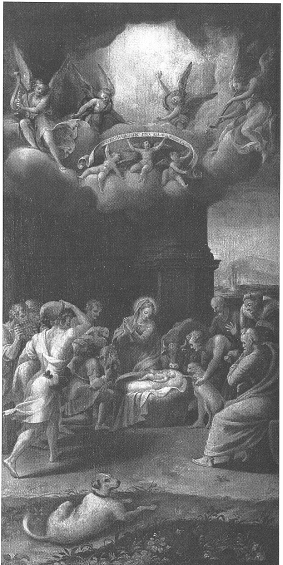 Adorazione dei pastori, adorazione dei pastori (dipinto, opera isolata) di Costa Lorenzo il Giovane (scuola) - ambito lombardo (fine sec. XVI)