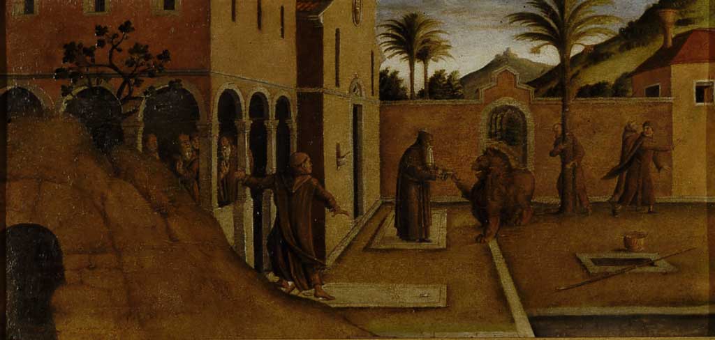 San Girolamo che porta il leone al convento, San Girolamo e il leone nel convento (predella, frammento) di Bastiani Lazzaro (sec. XV)