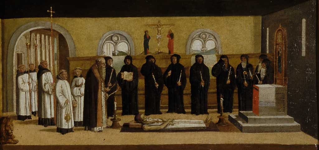 La morte di San Girolamo, funerali di San Girolamo (predella, frammento) di Bastiani Lazzaro (sec. XV)