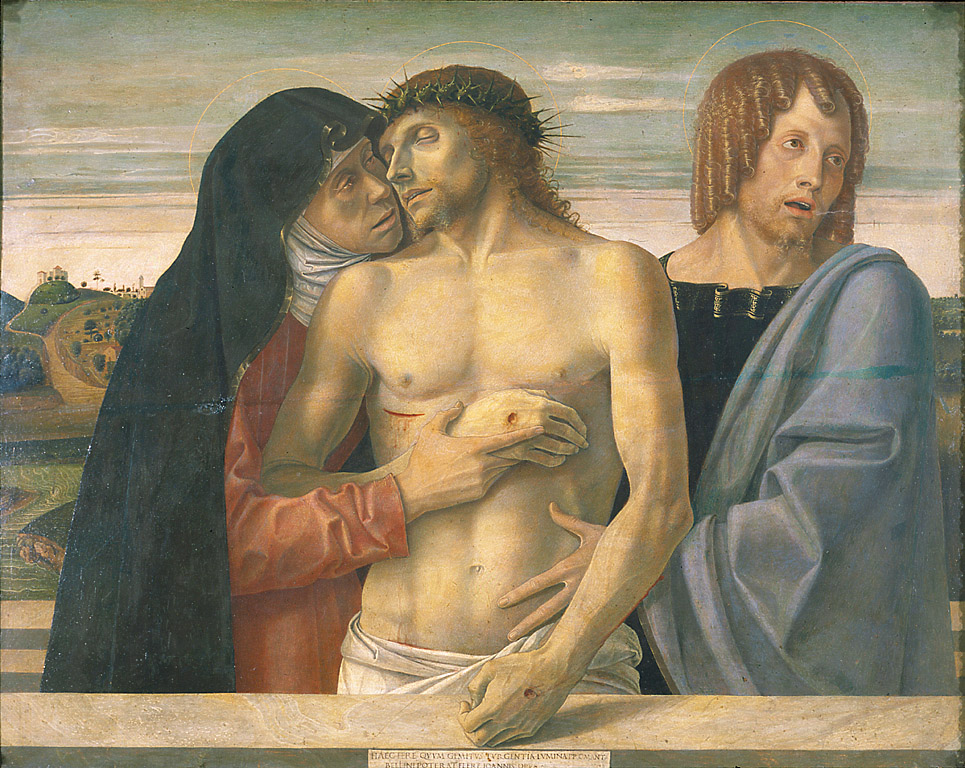 Pietà, Cristo in pietà tra la Madonna e San Giovanni Evangelista (dipinto, opera isolata) di Bellini Giovanni (sec. XV)