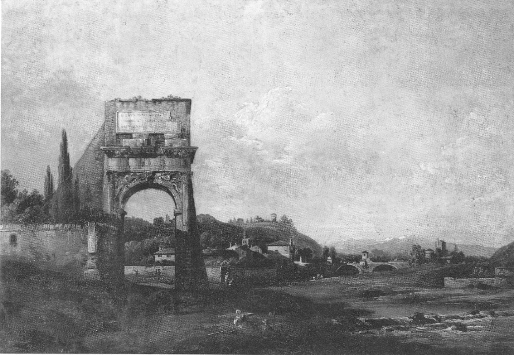 Paesaggio con arco classico, paesaggio con rovine (dipinto, opera isolata) di Bellotto Bernardo (sec. XVIII, sec. XVIII)