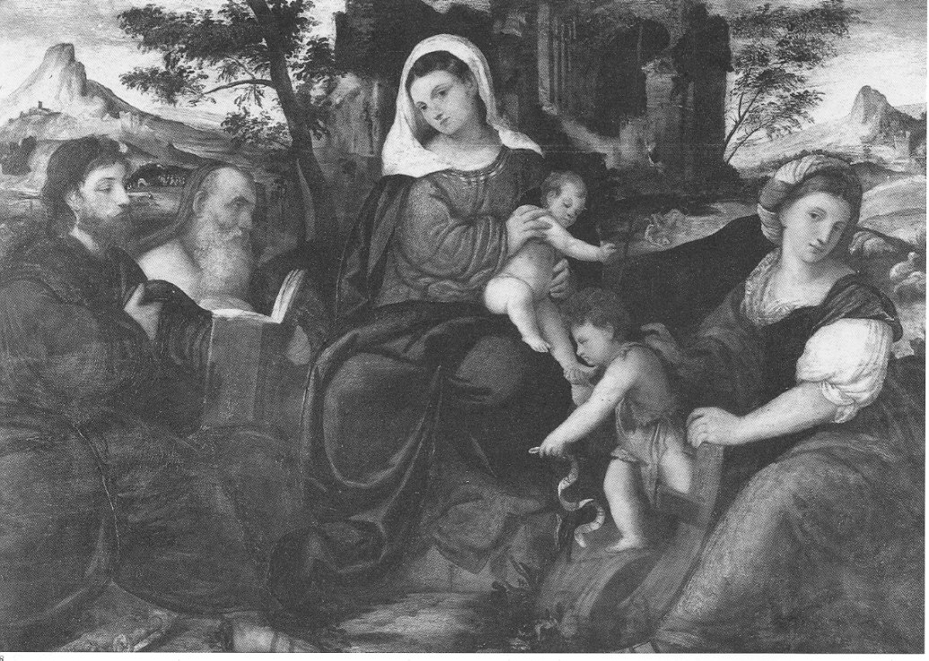 Sacra Conversazione, Madonna con Bambino, San Giovannino e Santi (dipinto, opera isolata) di De Pitati Bonifacio detto Bonifacio Veronese (bottega) (sec. XVI)