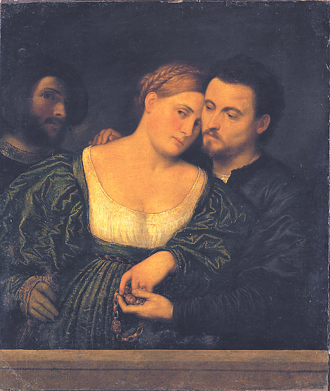 Gli Amanti, giovani amanti e testa d'uomo con barba (dipinto, opera isolata) di Bordone Paris (sec. XVI)