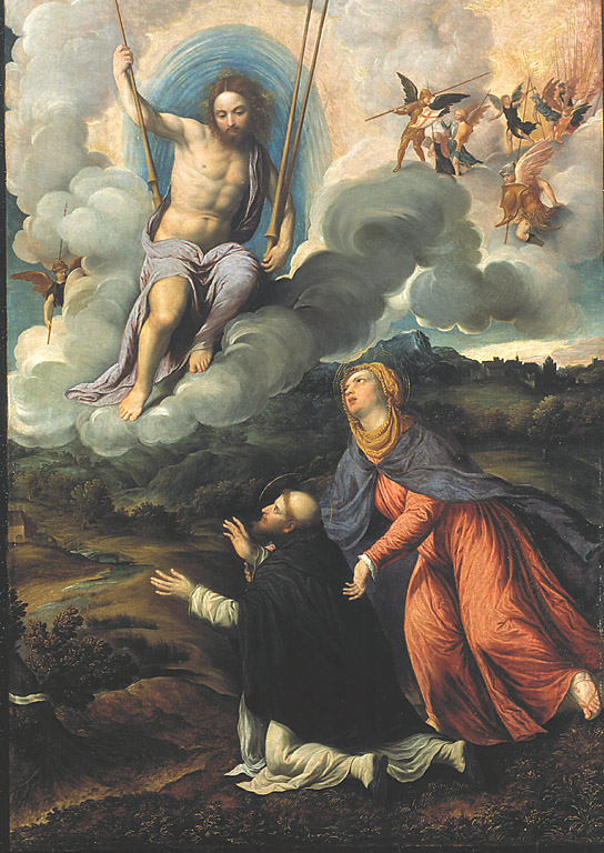 La Vergine raccomanda San Domenico al Redentore, San Domenico ha la visione di Cristo che brandisce tre frecce e la Madonna (dipinto, opera isolata) di Bordone Paris (sec. XVI)