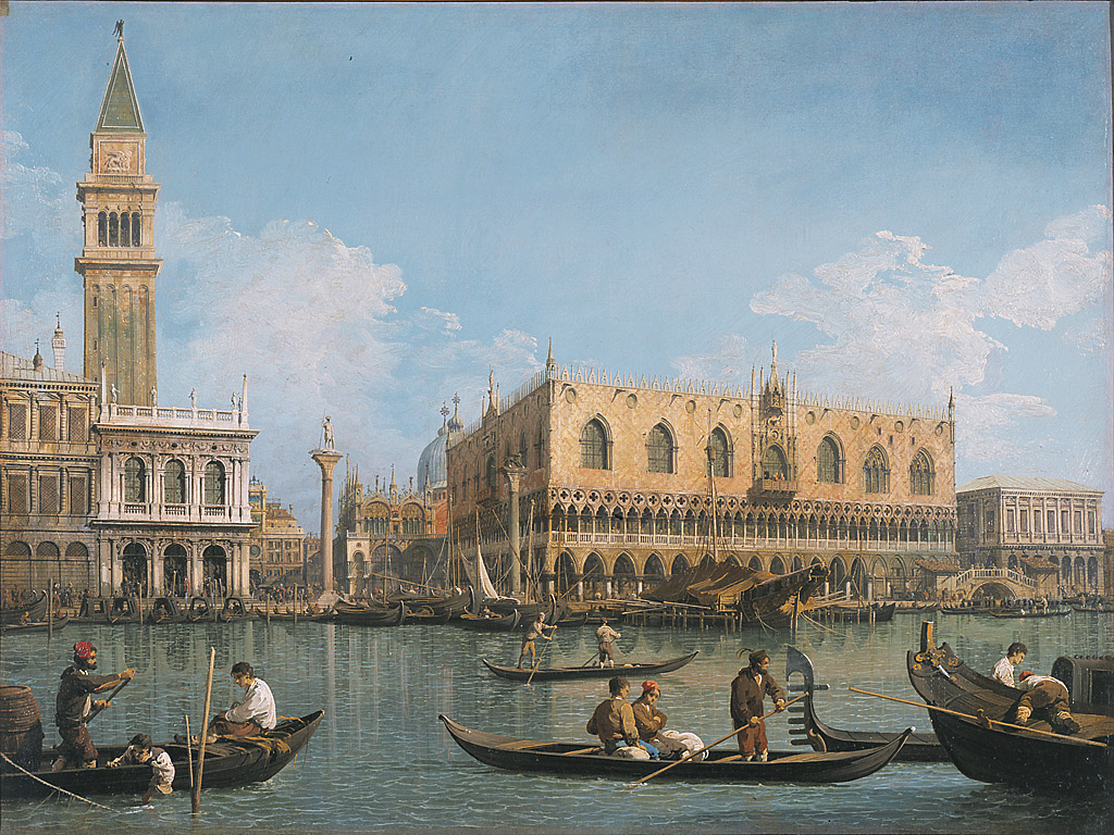 Veduta del bacino di San Marco dalla punta della Dogana, veduta prospettica di Venezia (dipinto, opera isolata) di Canal Giovanni Antonio detto Canaletto (sec. XVIII)