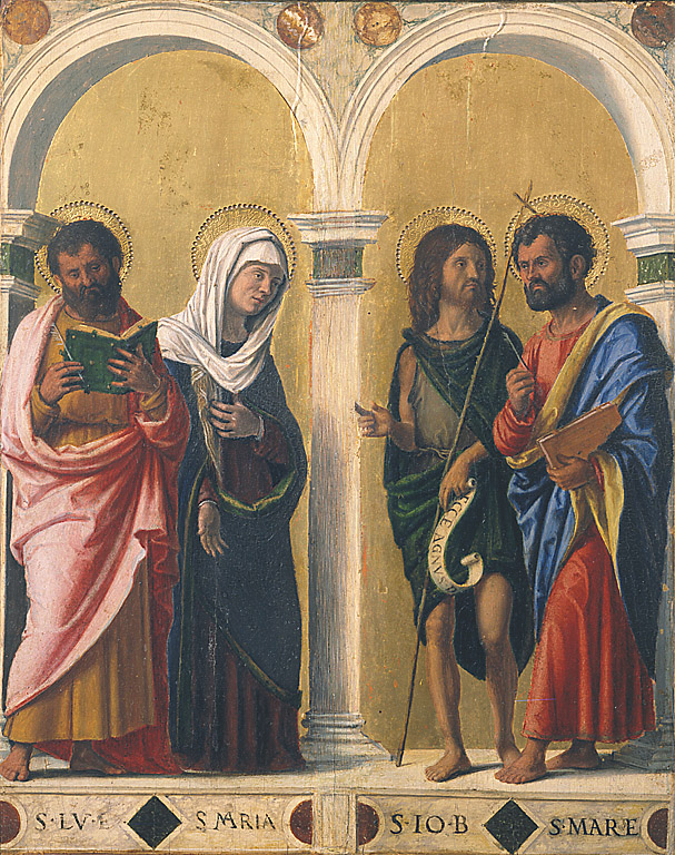 San Luca, la Vergine, San Giovanni Battista e San Marco, San Luca, Madonna, San Giovanni Battista, San Marco (predella, frammento) di Cima Giovanni Battista detto Cima da Conegliano (bottega) (inizio sec. XVI)