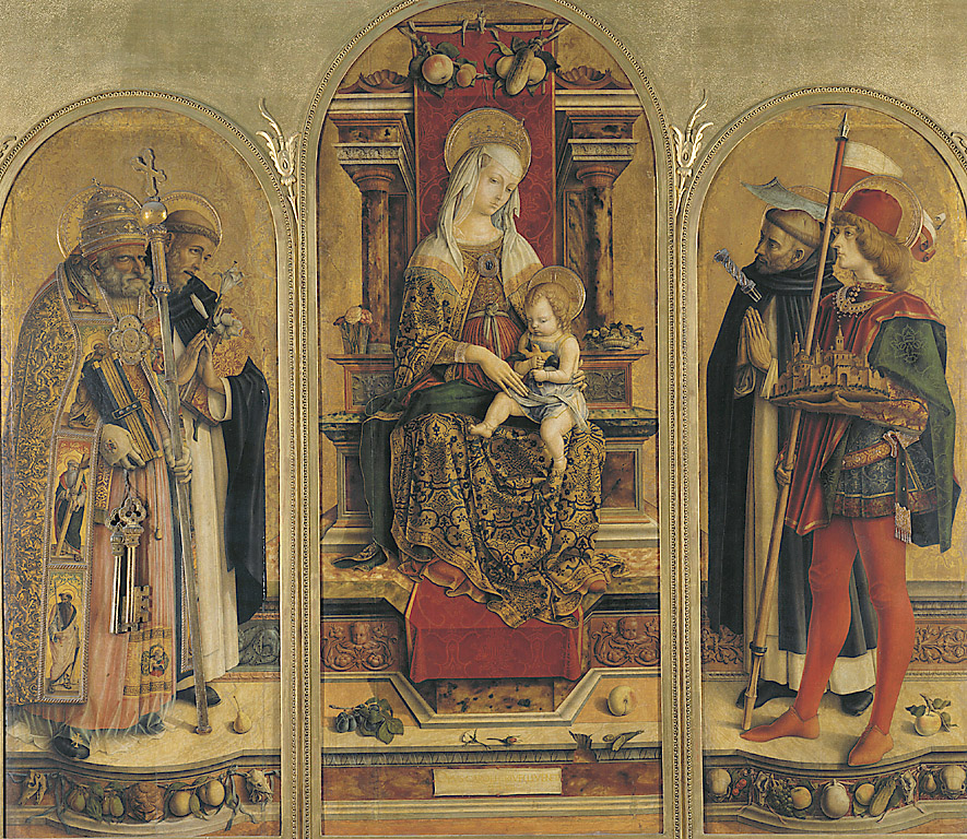 Trittico di Camerino, Madonna con Bambino in trono con San Pietro, San Domenico, San Pietro Martire e San Venanzio (trittico, opera isolata) di Crivelli Carlo (sec. XV)