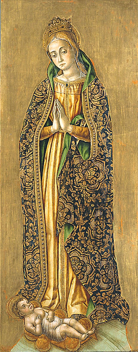 La Madonna che adora il Bambino, Madonna orante con bambino (dipinto, frammento) di Crivelli Vittore (fine sec. XV)