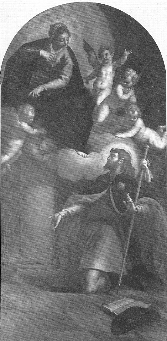 San Giacomo in adorazione della Madonna, apparizione della Madonna su una colonna a San Giacomo il Maggiore (dipinto, opera isolata) di Negretti Jacopo detto Palma il Giovane (sec. XVII)