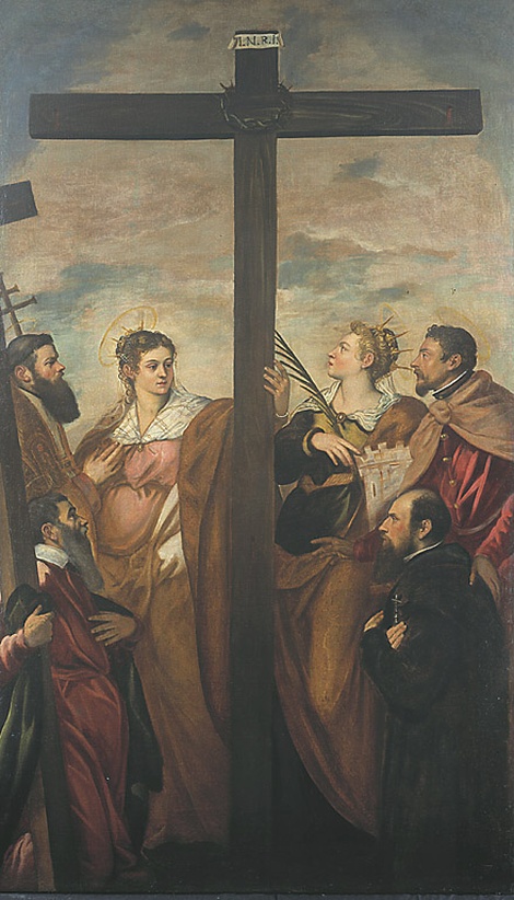 Sant'Elena, Santa Barbara, Sant'Andrea, San Macario, un altro Santo e un devoto adorano la croce, adorazione della croce (dipinto, opera isolata) di Robusti Jacopo detto Tintoretto (sec. XVI)