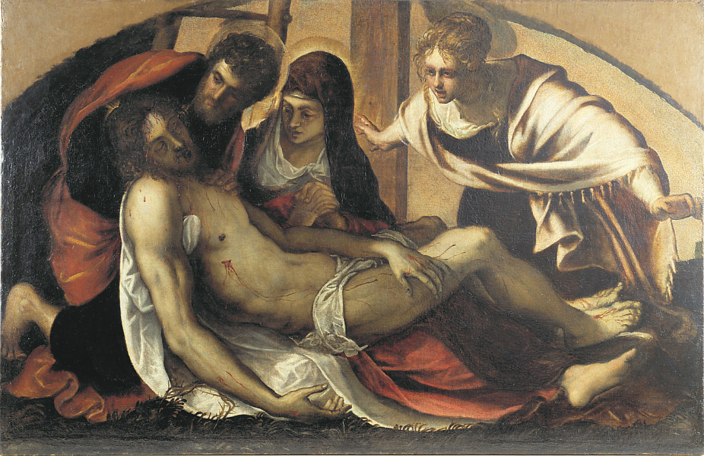 Pietà, Cristo deposto con la Madonna, Santa Maria Maddalena, e San Giovanni Evangelista (dipinto, opera isolata) di Robusti Jacopo detto Tintoretto (sec. XVI)