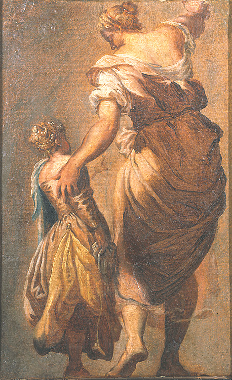 Figura femminile di spalle con una bambina, figura femminile e bambina (dipinto, frammento) di Robusti Jacopo detto Tintoretto (scuola) (prima metà sec. XVII)