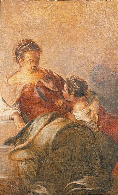 Donna seduta che stringe a sé una bambina, figura femminile seduta e bambina (dipinto, frammento) di Robusti Jacopo detto Tintoretto (scuola) (prima metà sec. XVII)