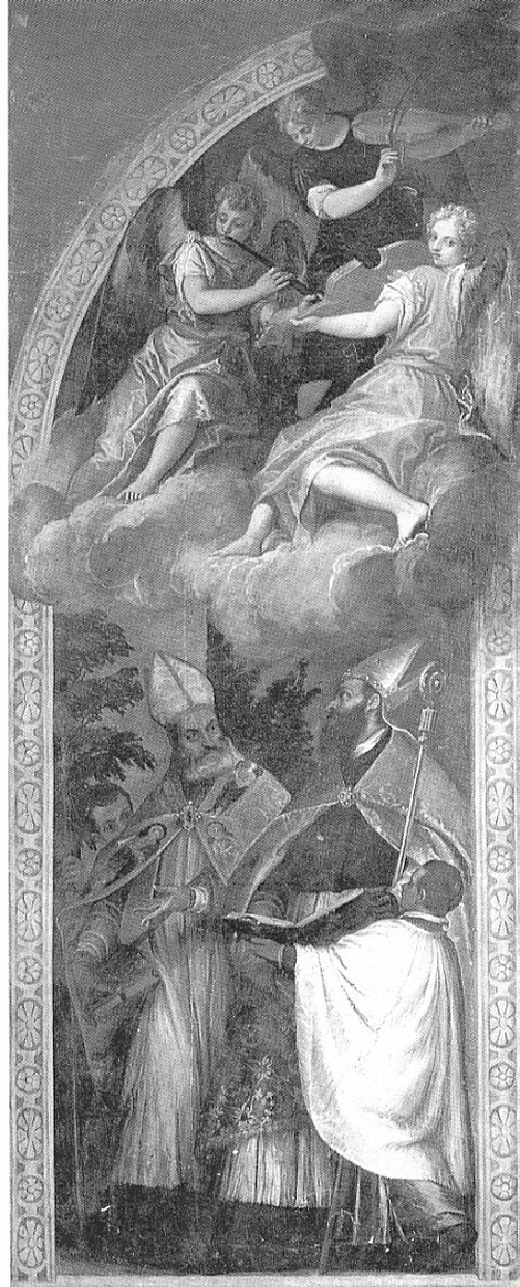 Dottori della Chiesa Ambrogio e Agostino e angeli musicanti, Dottori della Chiesa Ambrogio con Agostino e angeli musicanti (anta d'organo, frammento) di Caliari Paolo detto Veronese (bottega) (sec. XVI)