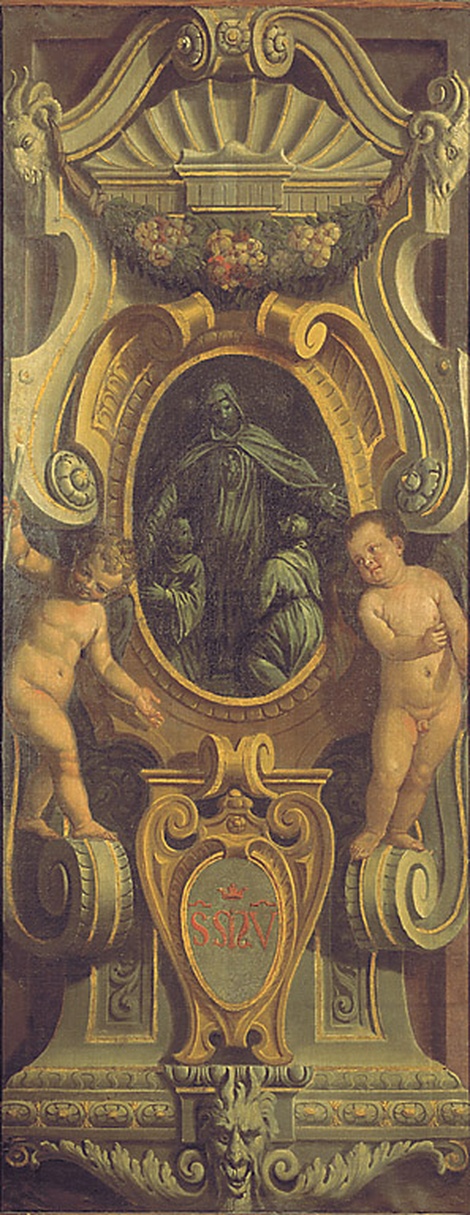 Madonna della Misericoria in una voluta ornamentale con putti, Madonna della Misericordia in motivi decorativi a volute e putti alati (dipinto, frammento) di Caliari Paolo detto Veronese (maniera) (sec. XVI)