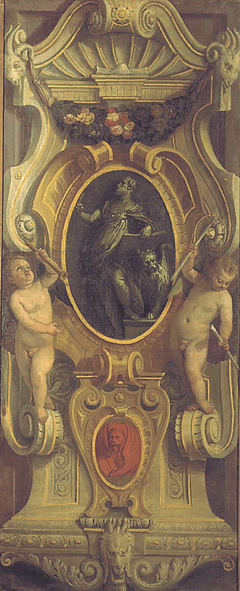 San Marco in una voluta ornamentale con putti, San Marco in motivi decorativi a volute e putti alati (dipinto, frammento) di Caliari Paolo detto Veronese (maniera) (sec. XVI)