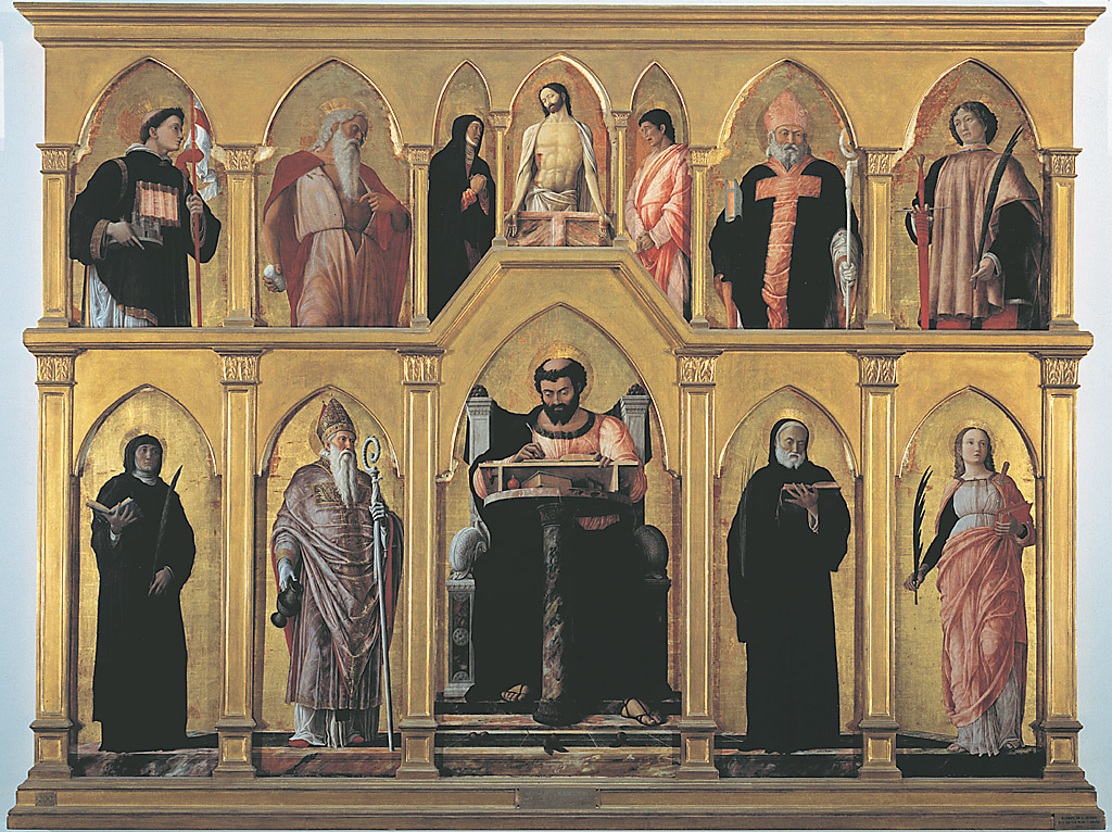 Polittico di San Luca, San Lua scrive il vangelo e Santi (polittico) di Mantegna Andrea (sec. XV)