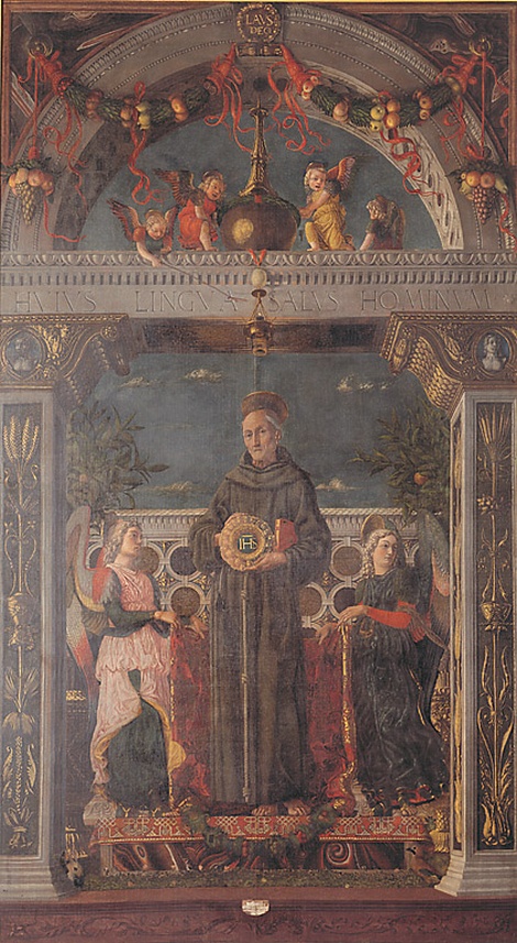San Bernardino da Siena e angeli, San Bernardino da Siena (dipinto, opera isolata) di Mantegna Andrea (e aiuti) (sec. XV)