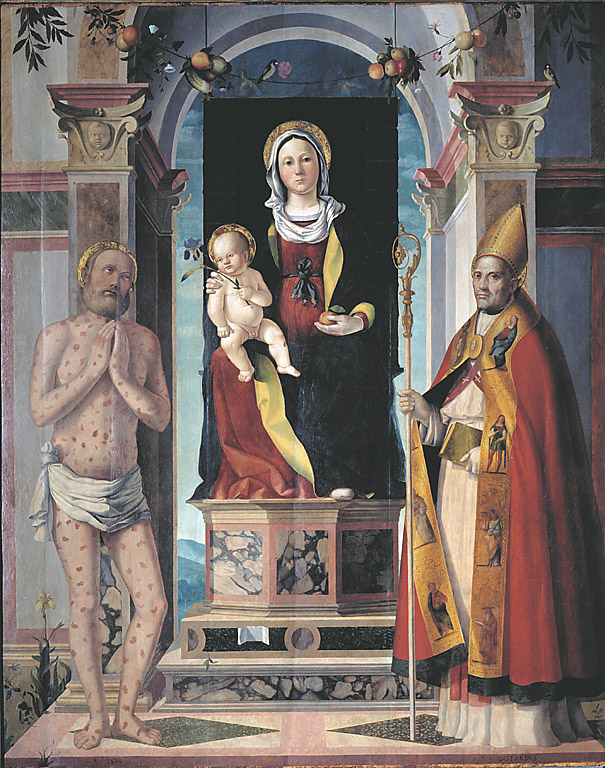 Madonna col Bambino in Trono tra i Santi Giobbe e Gottardo, Madonna con Bambino in trono con San Giobbe e San Gottardo (dipinto, opera isolata) di Fogolino Marcello (sec. XVI)