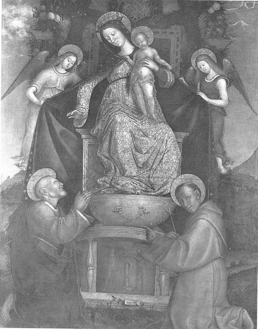 Madonna col Bambino in trono, due angeli, San Giuseppe e San Francesco, Madonna con Bambino in trono San Giuseppe, San Francesco e angeli (dipinto, opera isolata) di Verla Francesco (sec. XVI)