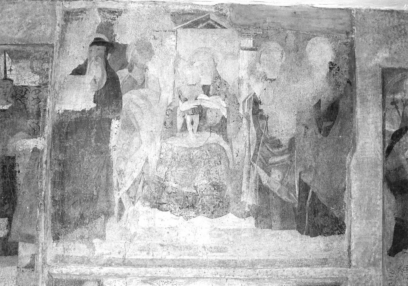 Madonna in trono con Bambino e Santi (dipinto murale staccato, insieme) - ambito bergamasco (inizio sec. XVI)