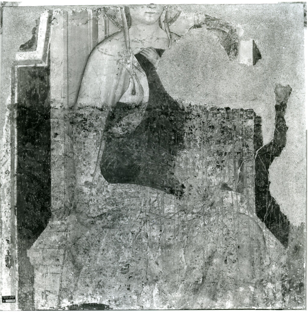 Madonna con Bambino in trono (dipinto murale, frammento) - ambito lombardo (terzo quarto sec. XIV)