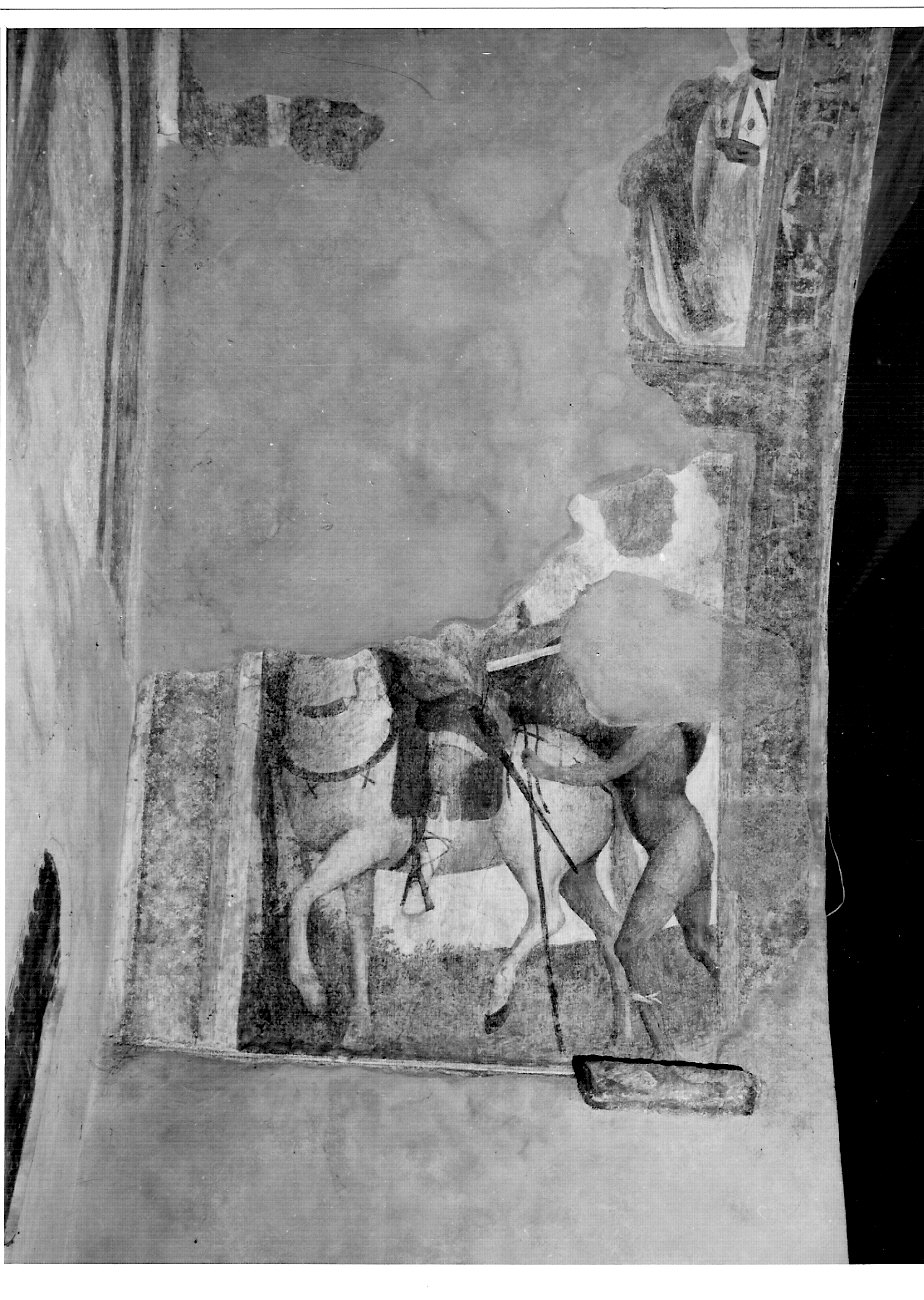 San Martino dona parte del mantello al povero (dipinto murale, frammento) - ambito lombardo (primo quarto sec. XVI)