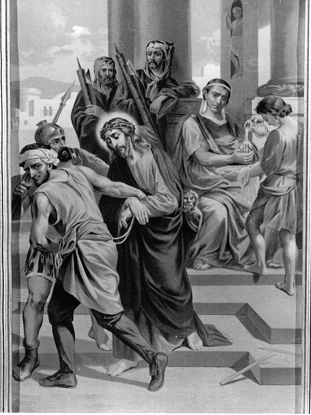 stazione I: Gesù condannato a morte (dipinto, elemento d'insieme) - ambito lombardo (fine sec. XIX)