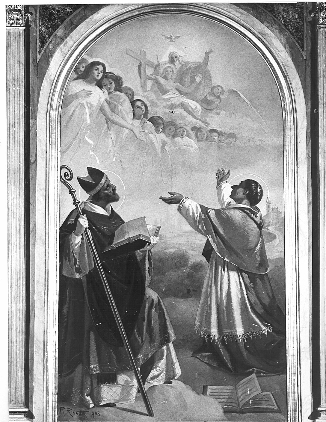 San Carlo Borromeo e un santo vescovo (decorazione pittorica, elemento d'insieme) di Rivetta Romeo (sec. XX)