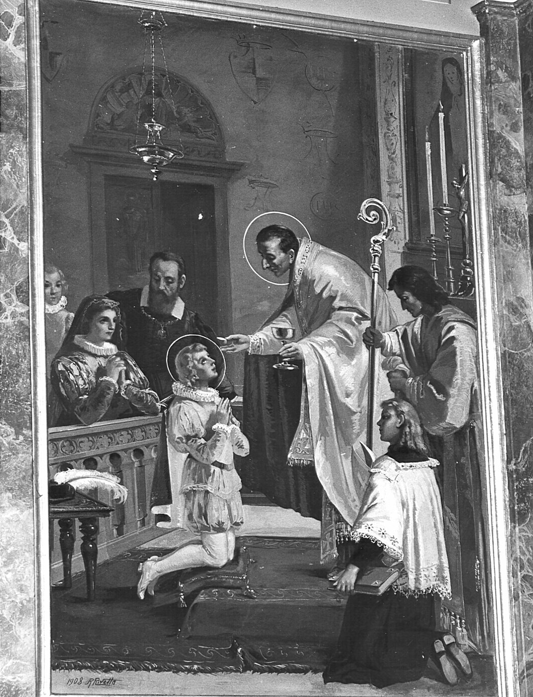 comunione di San Luigi Gonzaga (decorazione pittorica, elemento d'insieme) di Rivetta Romeo (sec. XX)