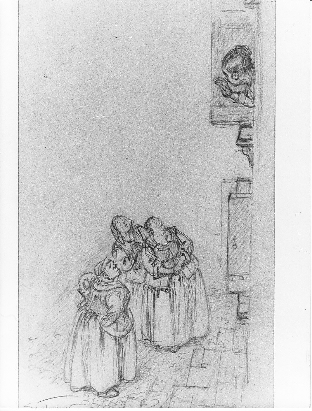 Perpetua parla a tre popolane (disegno, opera isolata) di Rosso Gustavo (prima metà sec. XX)