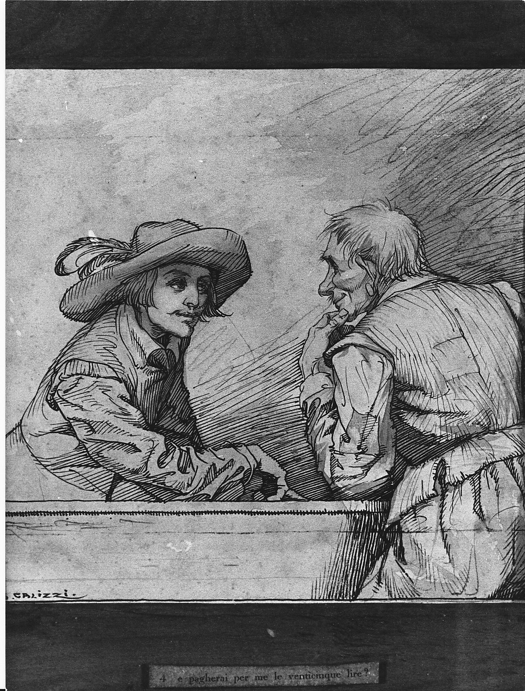 Una scena dai Promessi Sposi: Renzo e Tonio all'osteria (disegno, opera isolata) di Galizzi Giovan Battista (prima metà sec. XX)
