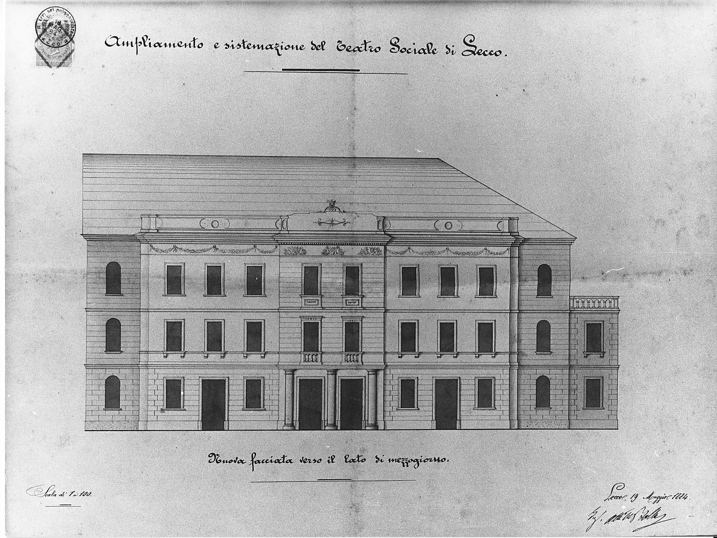 Ampliamento e sistemazione del Teatro Sociale di Lecco (disegno architettonico, opera isolata) di Bolla Attilio (sec. XIX)