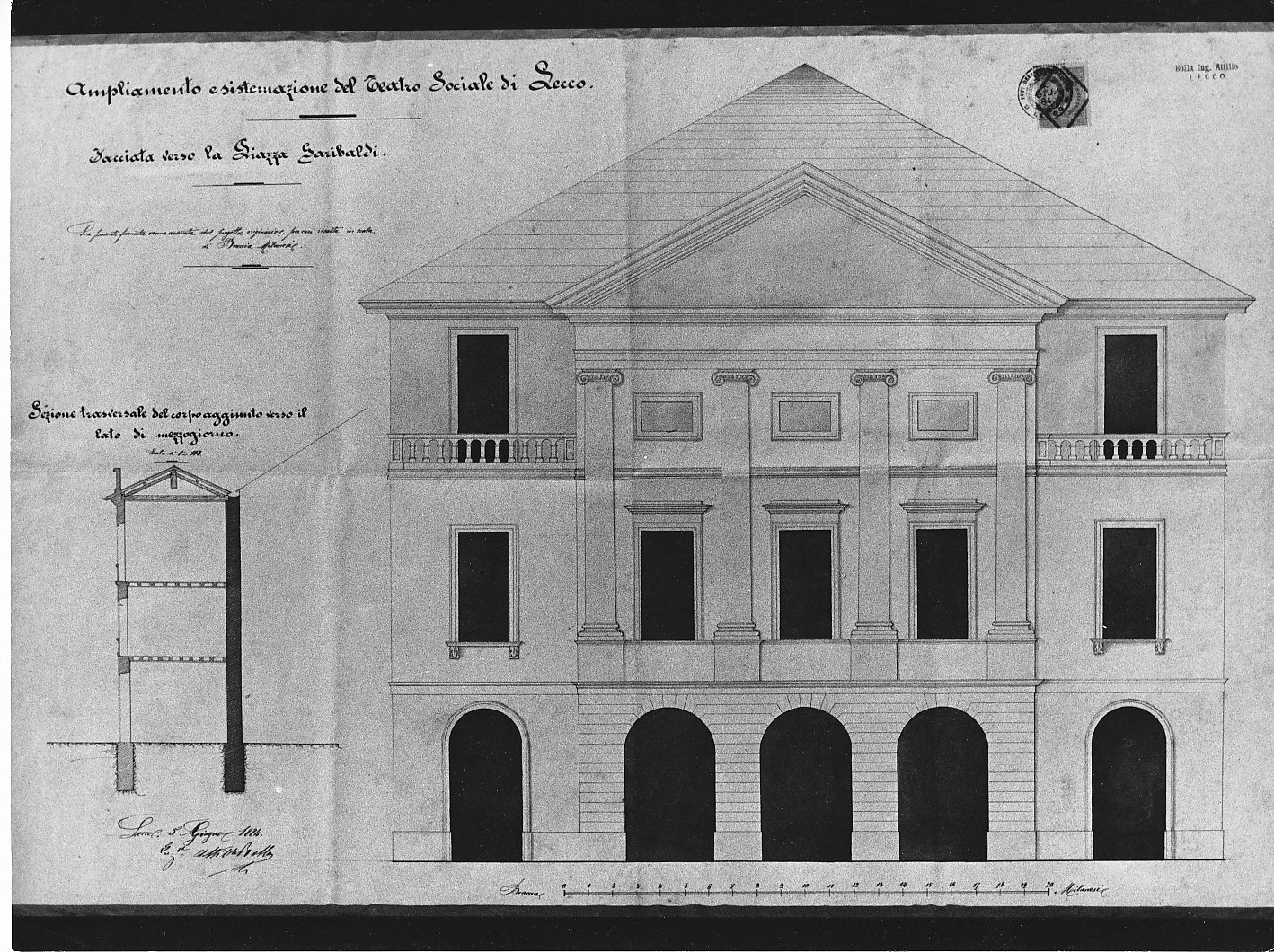 Ampliamento e sistemazione del Teatro Sociale di Lecco (disegno architettonico, opera isolata) di Bolla Attilio (sec. XIX)