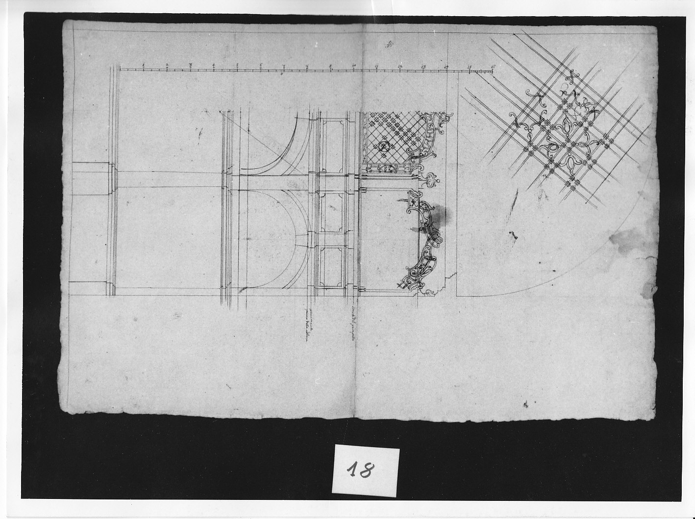 Inferriate di cantoria sopra due arcate con particolare ingrandito (recto) (disegno, opera isolata) di Ligari Pietro (attribuito) (metà sec. XVIII)