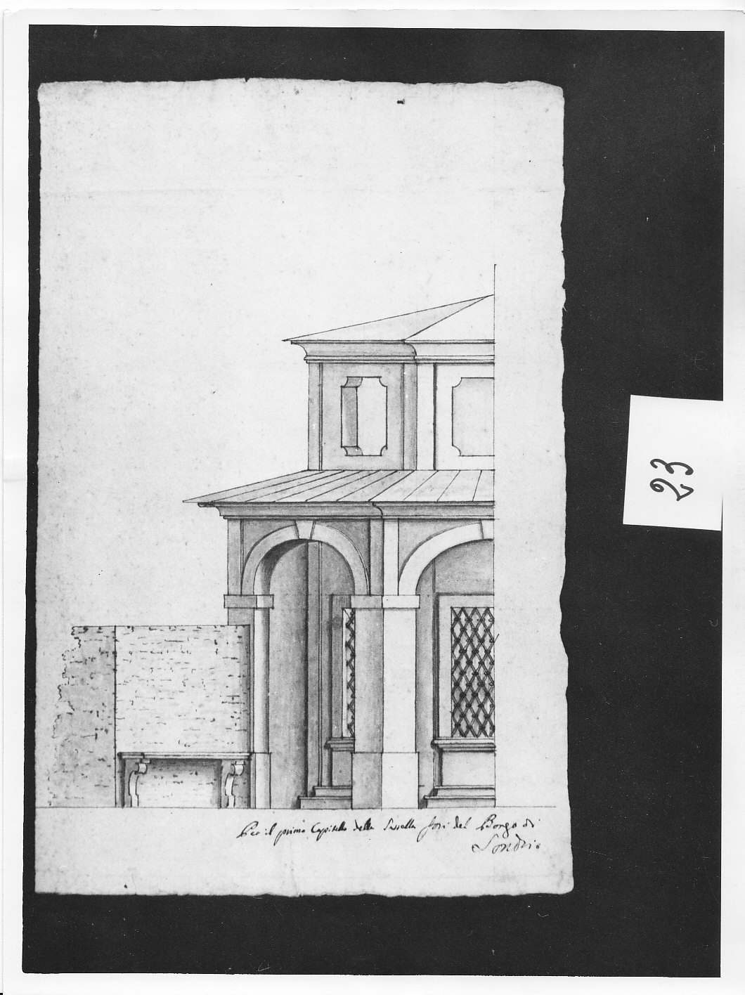 Metà sinistra di cappella ottagonale con porticato (disegno architettonico, opera isolata) di Ligari Cesare (attribuito) (sec. XVIII)