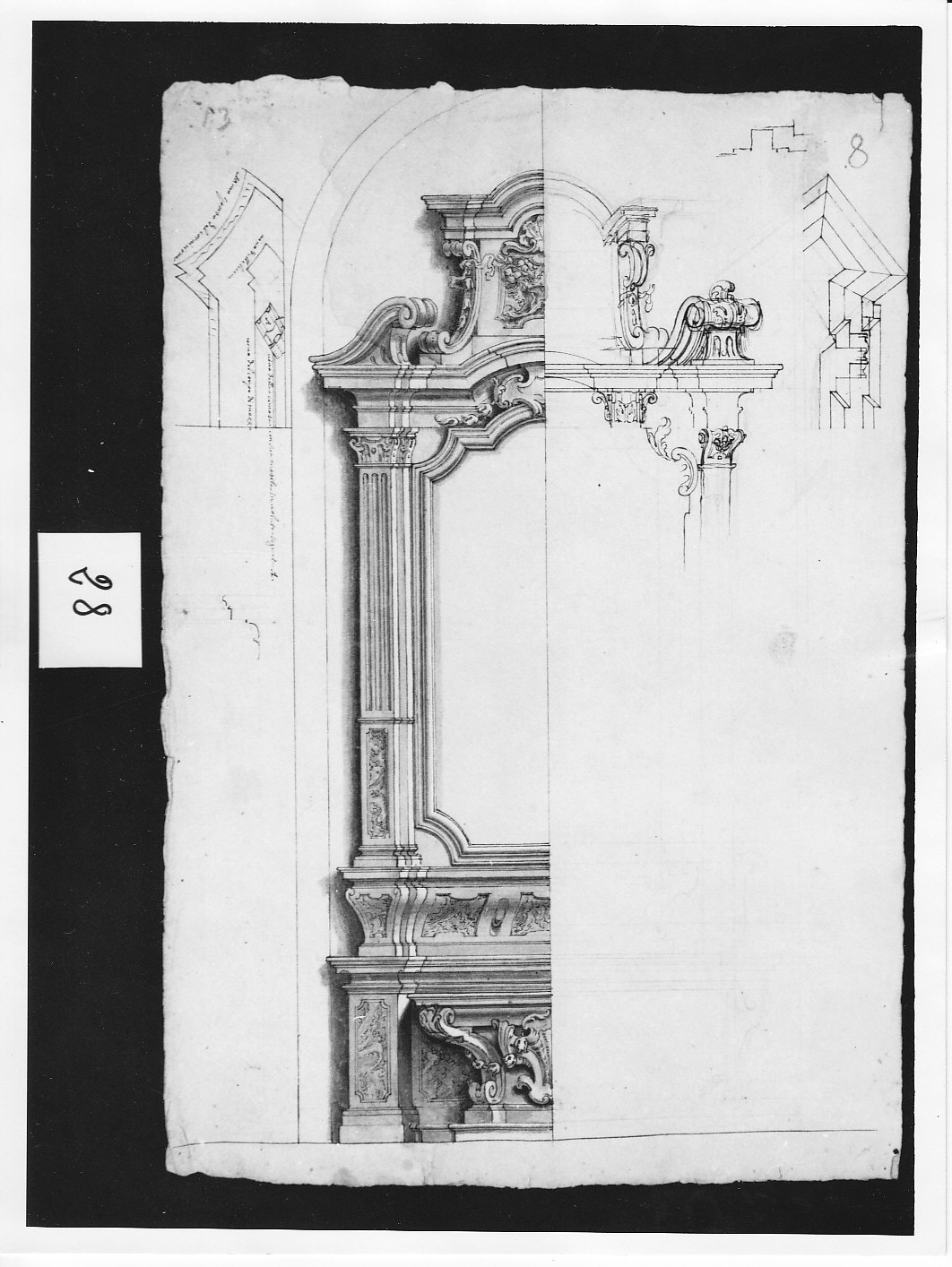 Metà sinistra d'altare con ancona e cimasa e parziale completamento a destra (disegno architettonico, opera isolata) di Ligari Pietro (attribuito) (sec. XVIII)