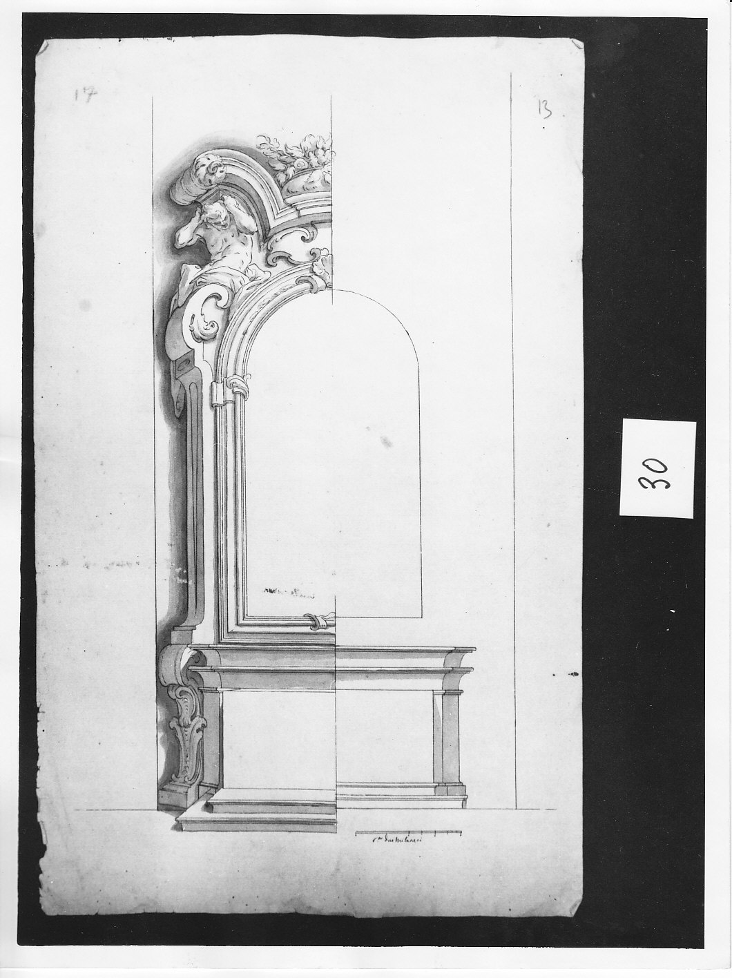 Metà sinistra di altare con ancona e decorazioen architettonica (disegno, opera isolata) di Ligari Pietro (attribuito) (sec. XVIII)