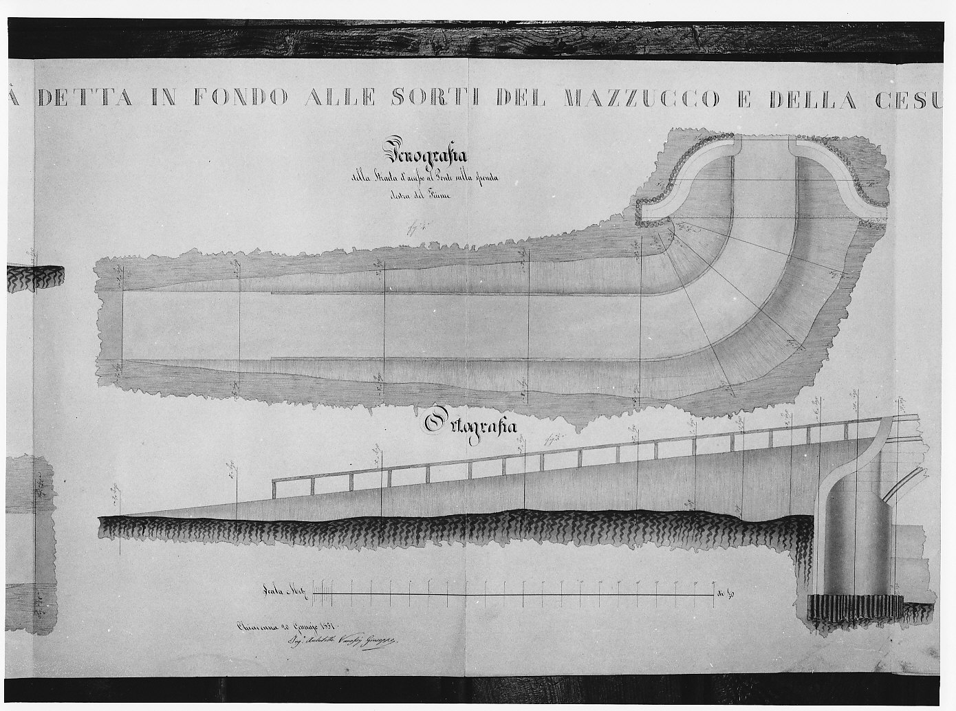 Progetti per due ponti sulla Mera: strada di accesso al ponte in vivo (disegno architettonico, opera isolata) di Vanossi Giuseppe (sec. XIX)
