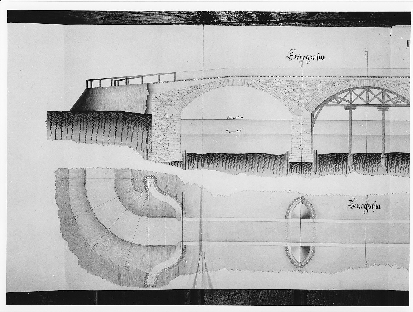 Progetti per due ponti sulla Mera: veduta del ponte in vivo a 5 archi (disegno architettonico, serie) di Vanossi Giuseppe (sec. XIX)