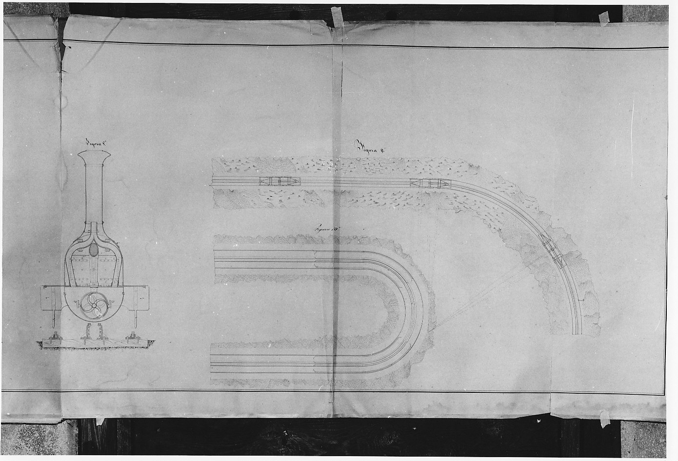 Progetto di locomotiva per forti pendenze e curve a piccolo raggio (disegno architettonico, opera isolata) di Vanossi Giuseppe (sec. XIX)