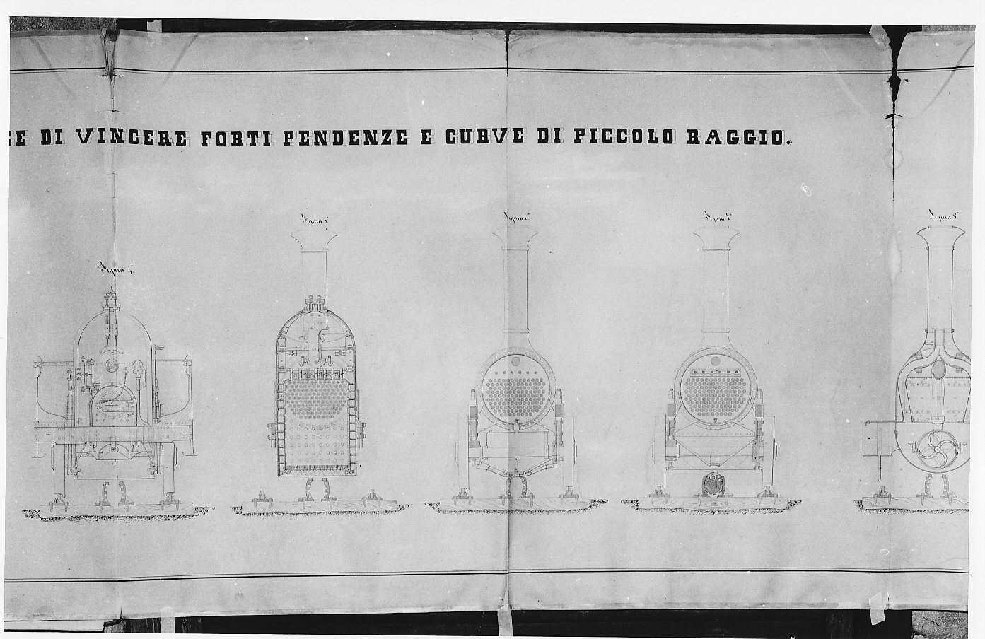 Progetto di locomotiva per forti pendenze e curve a piccolo raggio (disegno architettonico, opera isolata) di Vanossi Giuseppe (sec. XIX)